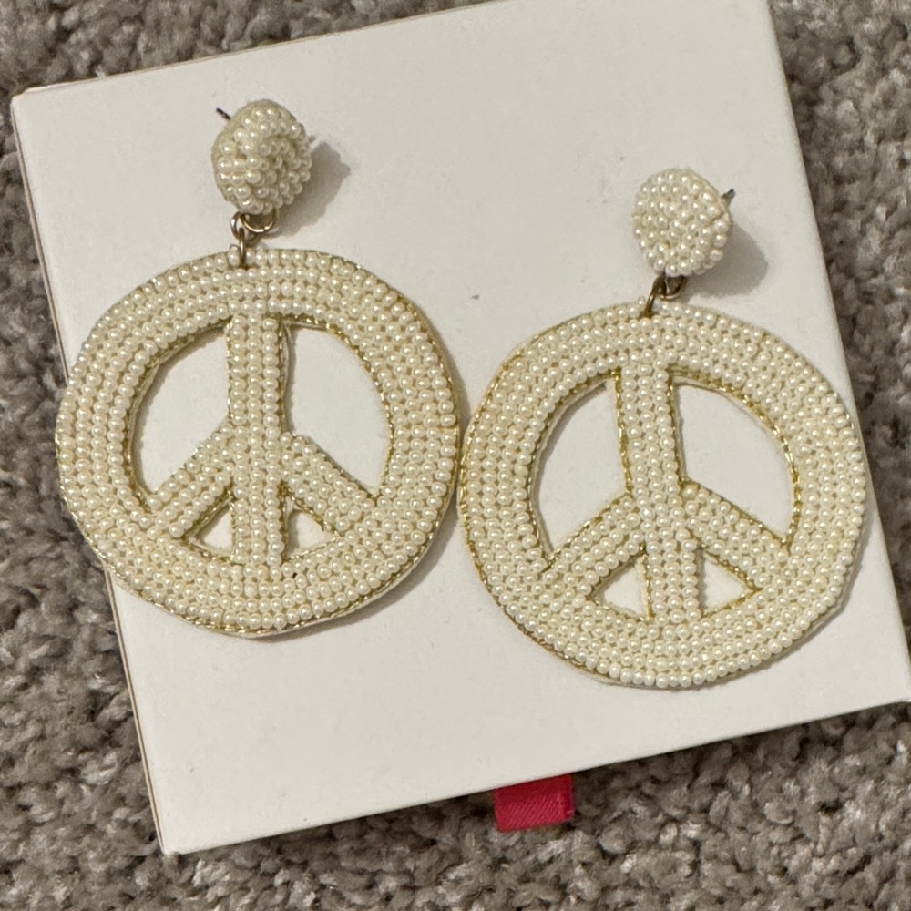 Beaded Pearl Peace Sign Earrings